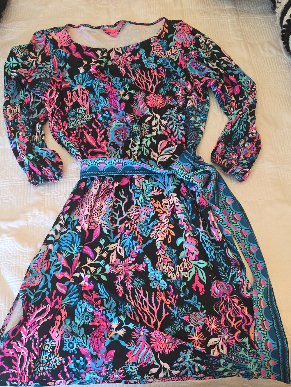 Lilly Pulitzer Black Floral Pink-Print Tie-Waist Long Sleeve Dress